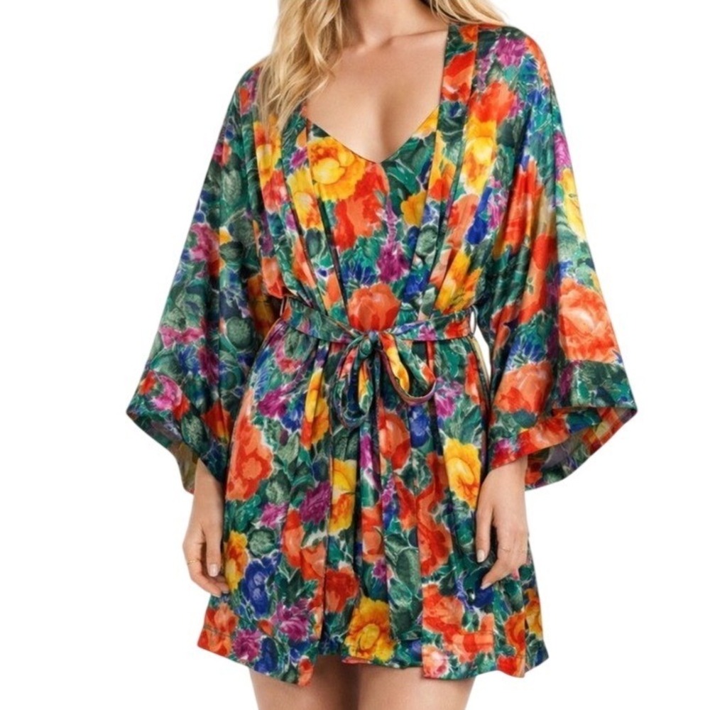 Victoria's Secret Vintage Gold Label Floral‎ Satin Robe Kimono Multicolor Medium